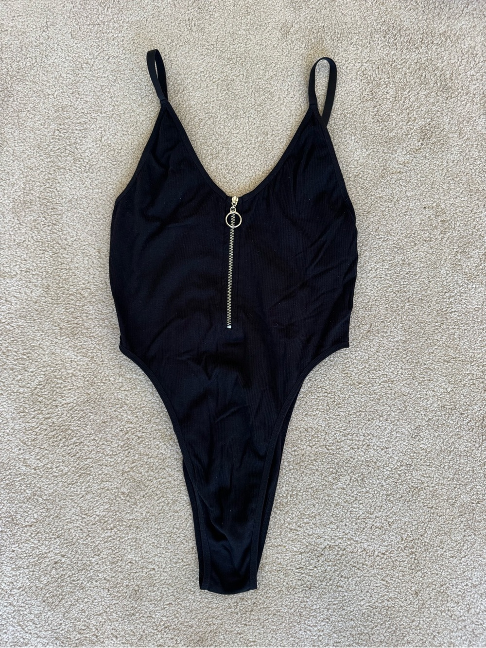 Women's Black Ribbed Silver Zipper Bodysuit
